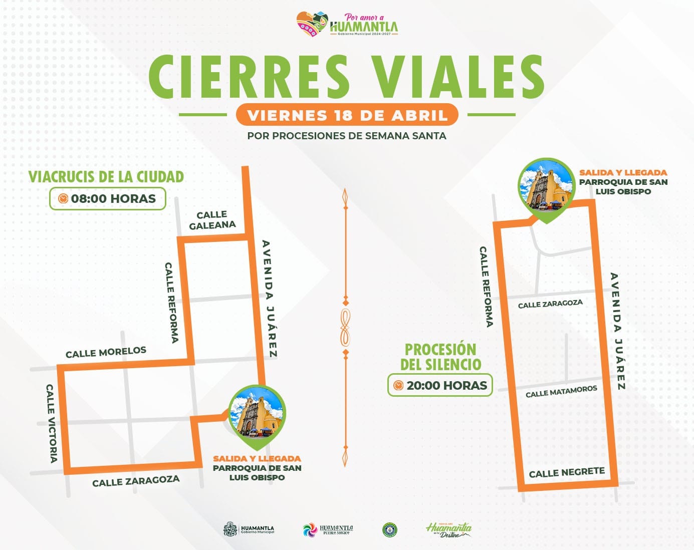 Anuncia gobierno de Huamantla cortes viales este viernes por procesiones de Semana Santa
